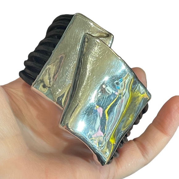 Sterling silver modernist 925 Israel bracelet multi strand leather strap - Picture 2 of 11